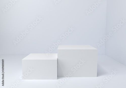 3d render, two white podiums, platforms for products. Cube pillar stand scene, winner pedestal in studio on white background. © AlexBlogoodf