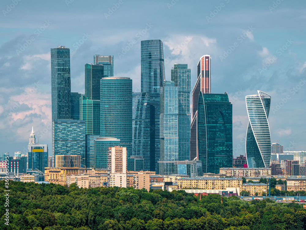 Fototapeta premium Moscow international business center in sunny day. Business district of the city.