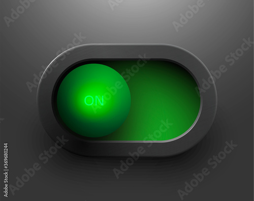 Black/green led light power button ON. Realistic vector illustration EPS10