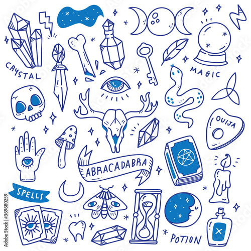 Set of Occult Doodles, Mystical Object, Cute Hand Drawn Style Tattoos