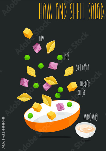 Pasta Salad - Peas, Ham and Cheese. Vector illustration photo