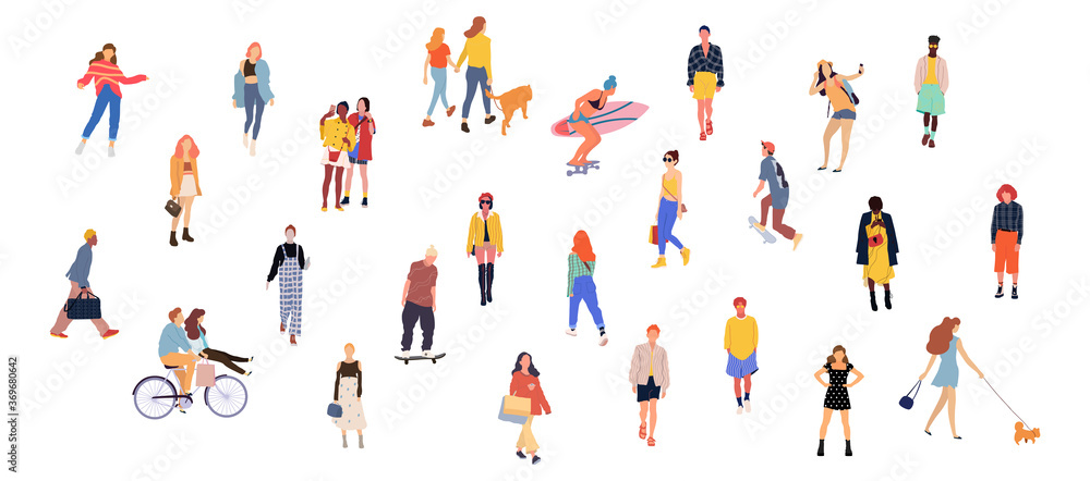 Crowd of people performing outdoor activities - walking dogs, riding bicycle, skateboarding. Group of male and female flat cartoon characters isolated on white background. Vector illustration. Crowd of people performing outdoor activities - walking dogs, riding bicycle, skateboarding. Group of male and female flat cartoon characters isolated on white background. Vector illustration.