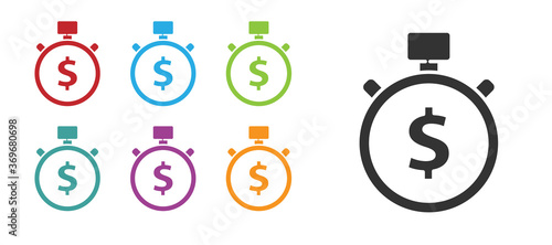 Black Time is money icon isolated on white background. Money is time. Effective time management. Convert time to money. Stopwatch. Set icons colorful. Vector Illustration.