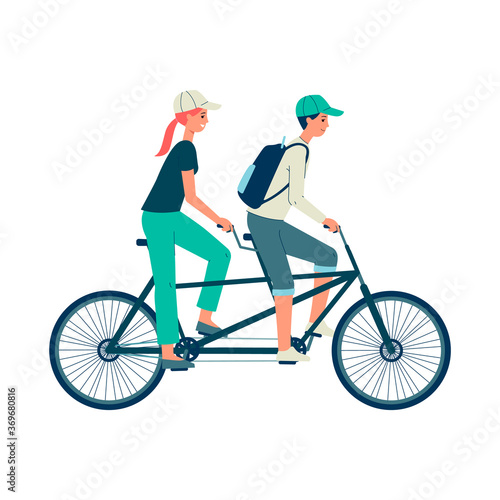 People cartoon characters on tandem bicycle flat vector illustration isolated.