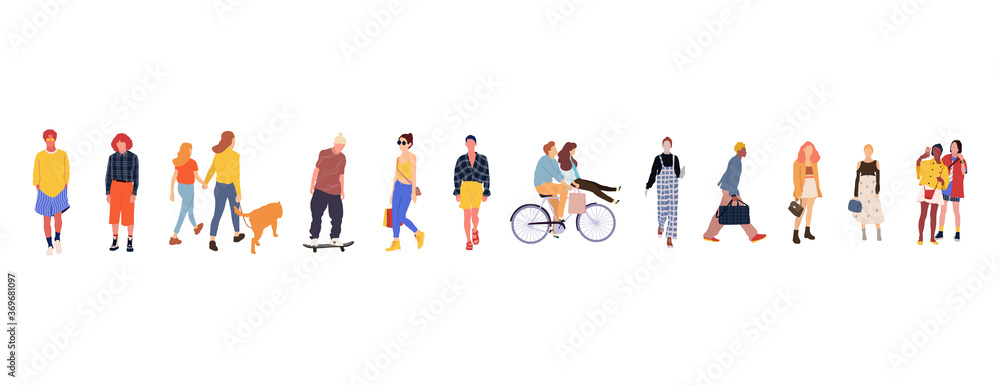 Crowd of people performing outdoor activities - walking dogs, riding bicycle, skateboarding. Group of male and female flat cartoon characters isolated on white background. Vector illustration. Crowd of people performing outdoor activities - walking dogs, riding bicycle, skateboarding. Group of male and female flat cartoon characters isolated on white background. Vector illustration.