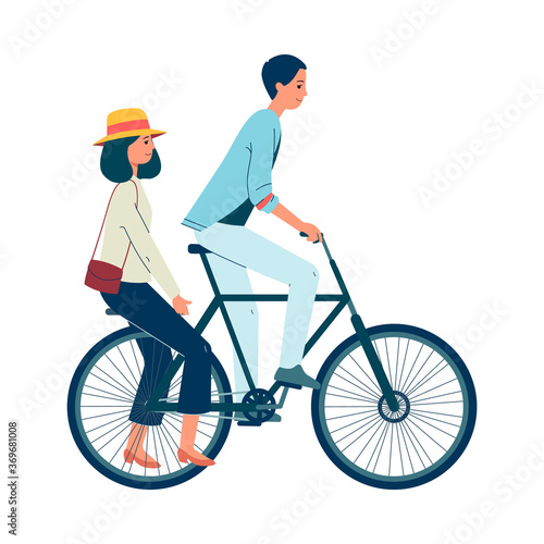 Couple of young people riding bicycle flat cartoon vector illustration isolated.