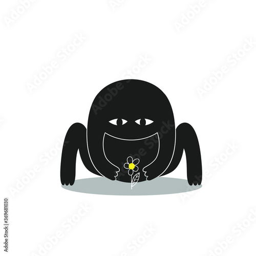 Character design of monster sitting on a flower. Illustration sticker for print.