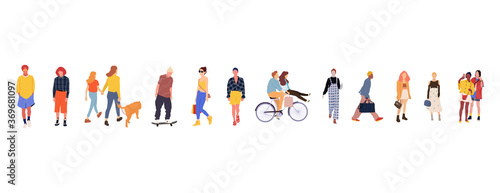 Crowd of people performing outdoor activities - walking dogs, riding bicycle, skateboarding. Group of male and female flat cartoon characters isolated on white background. Vector illustration.