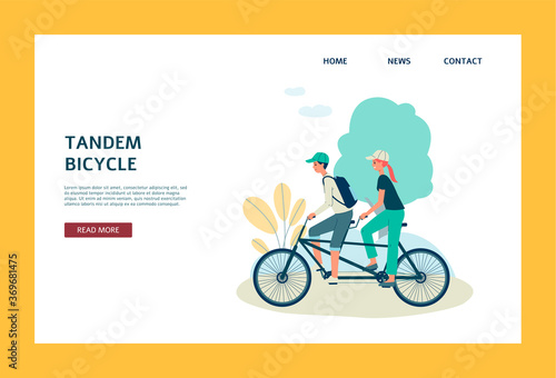 Tandem bicycle riding banner with couple on bike, flat vector illustration.
