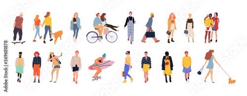 Crowd of people performing outdoor activities - walking dogs, riding bicycle, skateboarding. Group of male and female flat cartoon characters isolated on white background. Vector illustration.