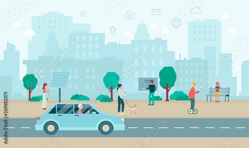 Smart city landscape with modern buildings and futuristic technology.