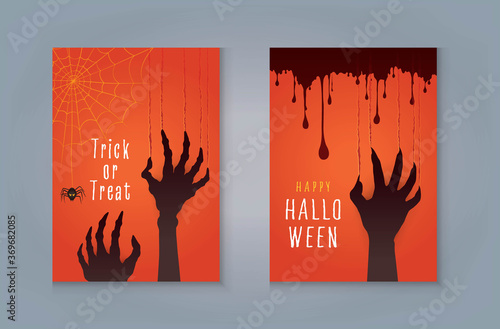Happy Halloween Night Party greeting card, Zombie hand’s claws scratch scrape track, Scary hand with nails and blood, cobweb, spider.