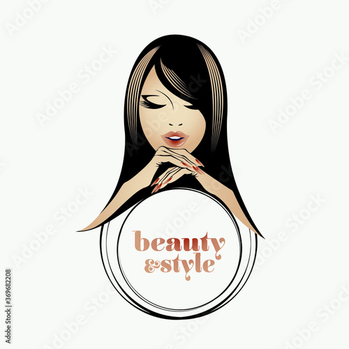 Woman with elegant hairstyle, makeup and manicure.Beauty salon, nails art studio and hairdresser illustration.Cosmetics and spa logo.Young, beautiful lady portrait.Pretty face.
