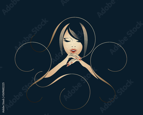 Woman with elegant hairstyle, makeup and manicure.Beauty salon, nails art studio and hairdresser illustration.Cosmetics and spa logo.Young, beautiful lady portrait.Pretty face.