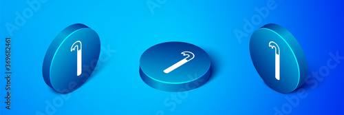 Isometric Crowbar icon isolated on blue background. Blue circle button. Vector Illustration.