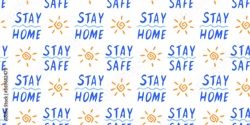 Stay home, stay safe - hand vector lettering on theme of quarantine, self protection times and coronavirus prevention in hand drawn style. Seamless pattern for social media, sites, flyers, web