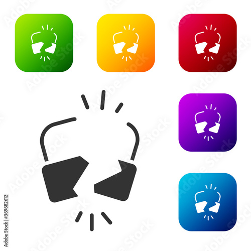 Black Broken or cracked lock icon isolated on white background. Unlock sign. Set icons in color square buttons. Vector Illustration.