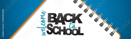 Back to School banner or header. Spiral notebook on blue background. 3d realistic illustration.