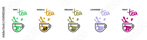 Tea cup icons hot drink with splashes