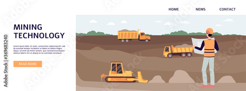 Industrial mining quarry with worker managing trucks and bulldozer