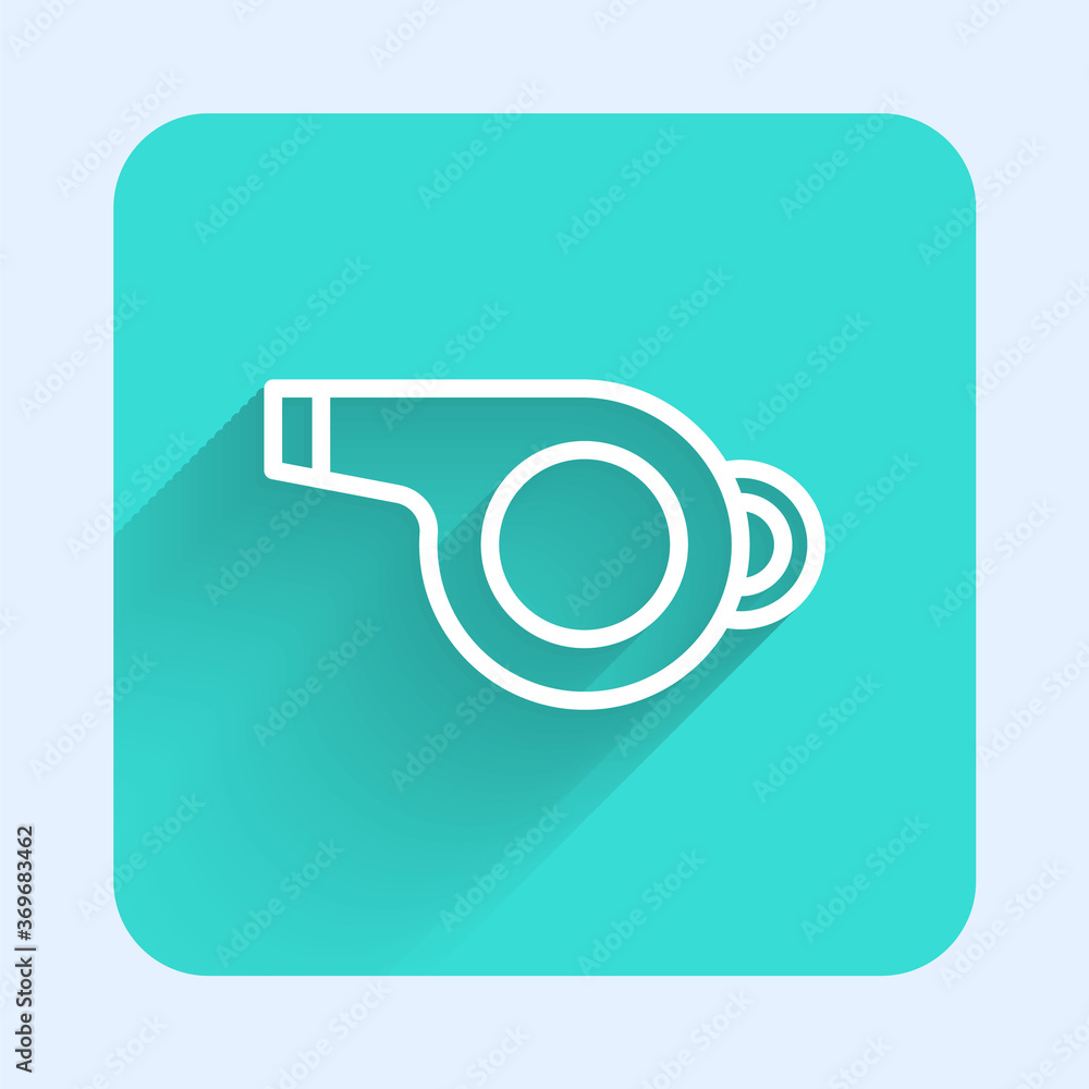 Naklejka premium White line Whistle icon isolated with long shadow. Referee symbol. Fitness and sport sign. Green square button. Vector Illustration.