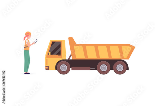 Woman constructor or quarry worker and truck, flat vector illustration isolated.