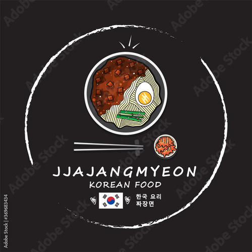 illustration vector of design logo doodle hand drawing popular Asian Korean cuisine Jjajangmyeon ,Kimchi with chopsticks isolated on plate on table top view on background with Korea flag and dish name