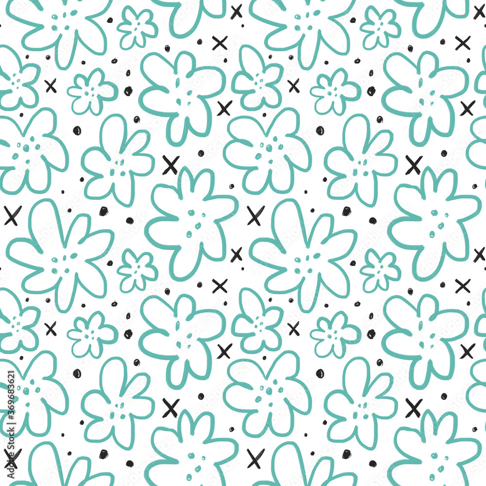 Seamless pattern with 
turquoise flowers, dots, crosses. Cute elegant flowers vector illustration. Figure for textiles. Decorative floral elements for print.