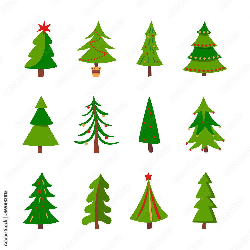 Different Christmas trees vector set. Christmas tree hand drawn collection for greeting card, invitations or for web. Vector illustration, flat style.