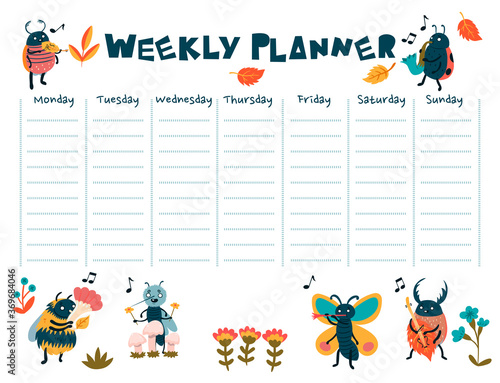 A weekly planner with cute insect musicians. Vector graphics.