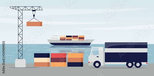Ship port with cargo containers and loading dock crane and truck