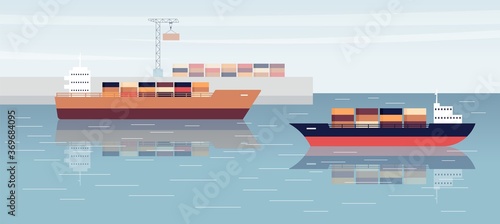 Sea shipping background with cargo ships in port flat vector illustration.
