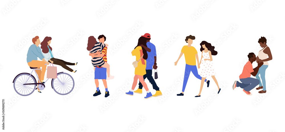 Fototapeta Happy romantic couples walking together. Flat cartoon characters isolated on white background. Colorful vector illustration.