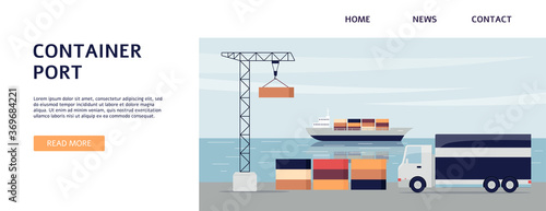 Container port banner with lorry truck on cargo bay with crane and ferry