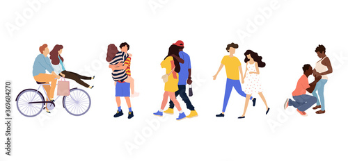 Happy romantic couples walking together.  Flat cartoon characters isolated on white background. Colorful vector illustration.