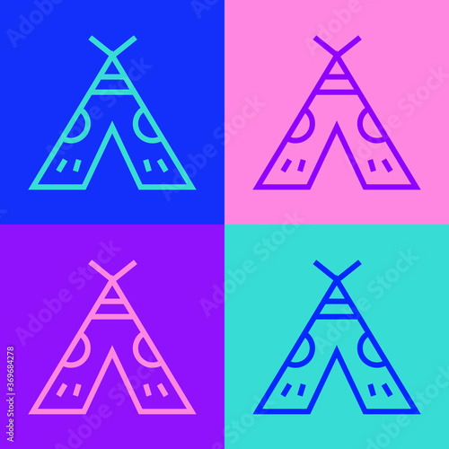 Pop art line Traditional indian teepee or wigwam icon isolated on color background. Indian tent. Vector Illustration.