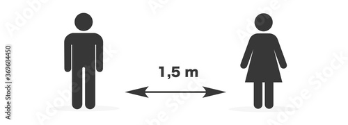 distance at least 1 meter. Vector icons of a man and a woman standing at a distance from each other. Warning sign