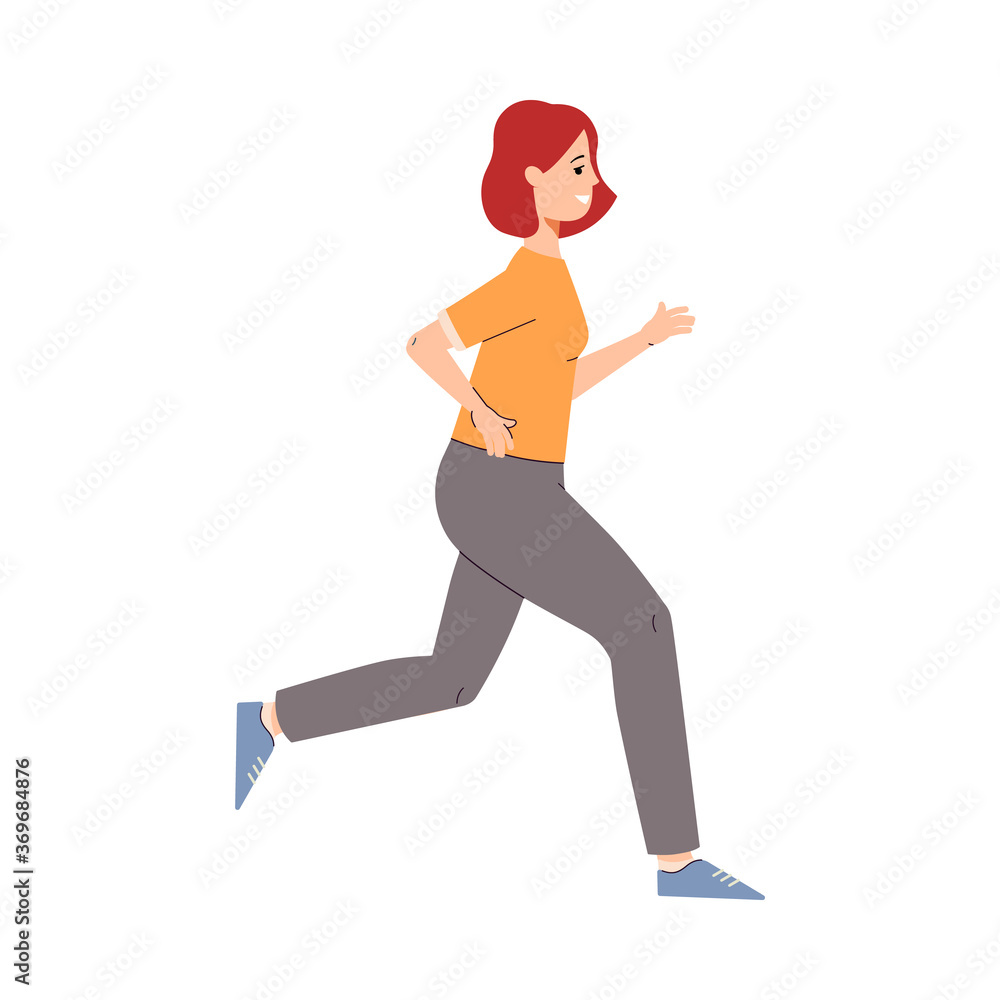 Cartoon runner athlete doing cardio sport exercise - happy woman running - obrazy, fototapety, plakaty 