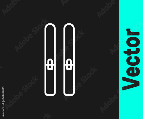 White line Ski and sticks icon isolated on black background. Extreme sport. Skiing equipment. Winter sports icon. Vector Illustration.