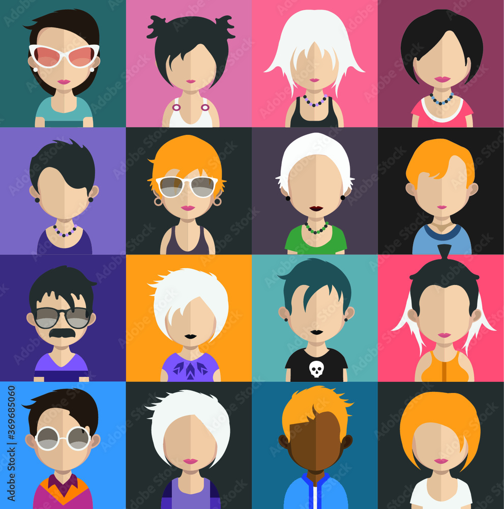 Set of people icons in flat style with faces. Vector women, men character Set of people icons in flat style with faces. Vector women, men character