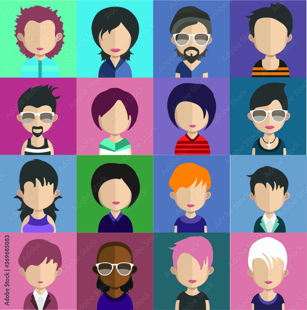Set of people icons in flat style with faces. Vector women, men character Set of people icons in flat style with faces. Vector women, men character