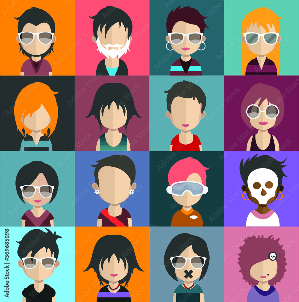 Set of people icons in flat style with faces. Vector women, men character Set of people icons in flat style with faces. Vector women, men character