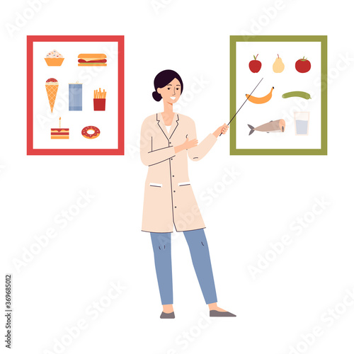 Cartoon nutritionist teaching nutrition lesson about good and bad food.