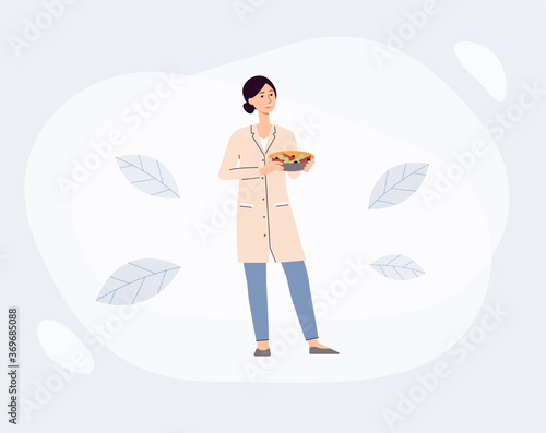 Woman nutritionist or dietolog holding vegetables, flat vector illustration.