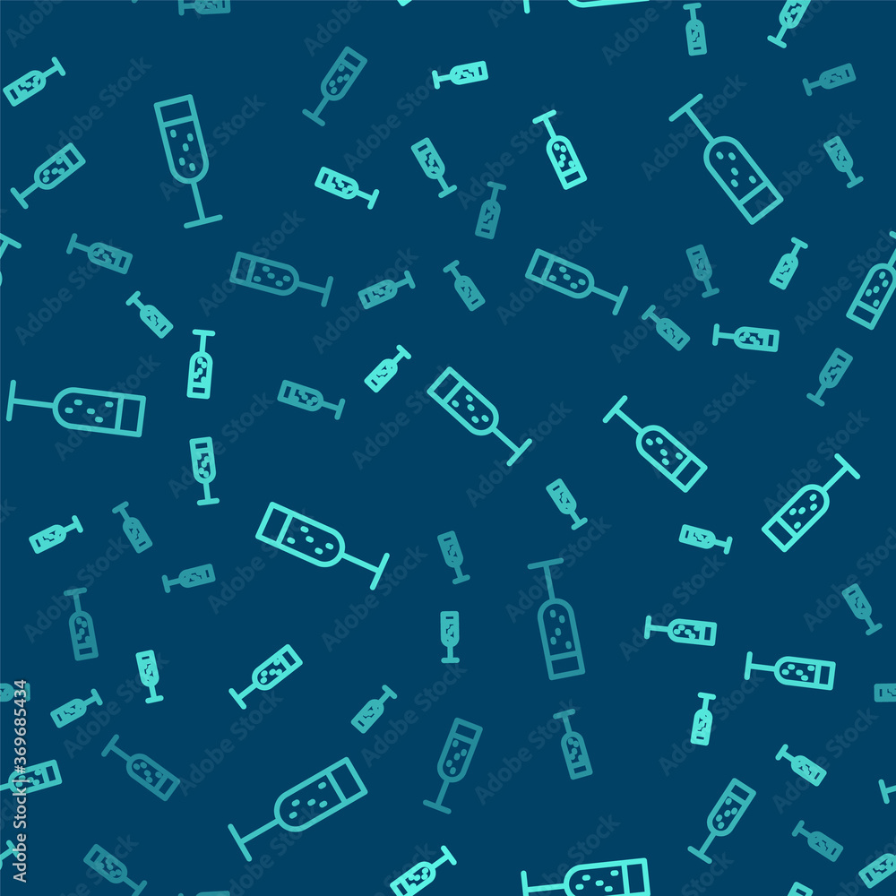 Green line Glass of champagne icon isolated seamless pattern on blue background. Vector Illustration.