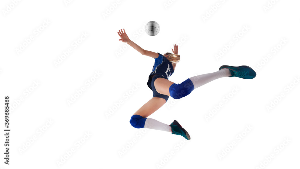 Female professional volleyball players in action on white background.