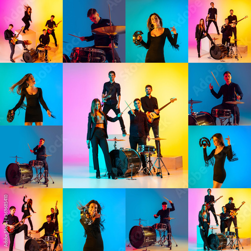 Collage of portraits of 4 young emotional talented musicians on multicolored background in neon light. Concept of human emotions, facial expression, sales. Playing guitar, singing, dancing, jumping.