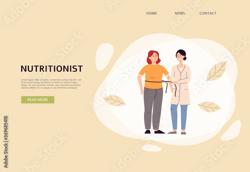 Banner with nutritionist prescribing nutrition plan, flat vector illustration.