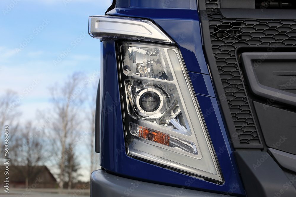 The Headlight with V-Shaped Led Lights of Volvo FH Truck Stock Photo |  Adobe Stock