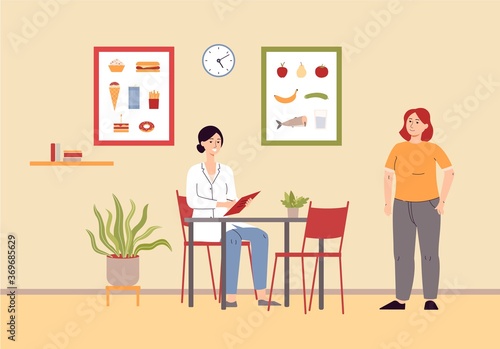 Nutritionist and overweight woman at medical clinic room interior background.